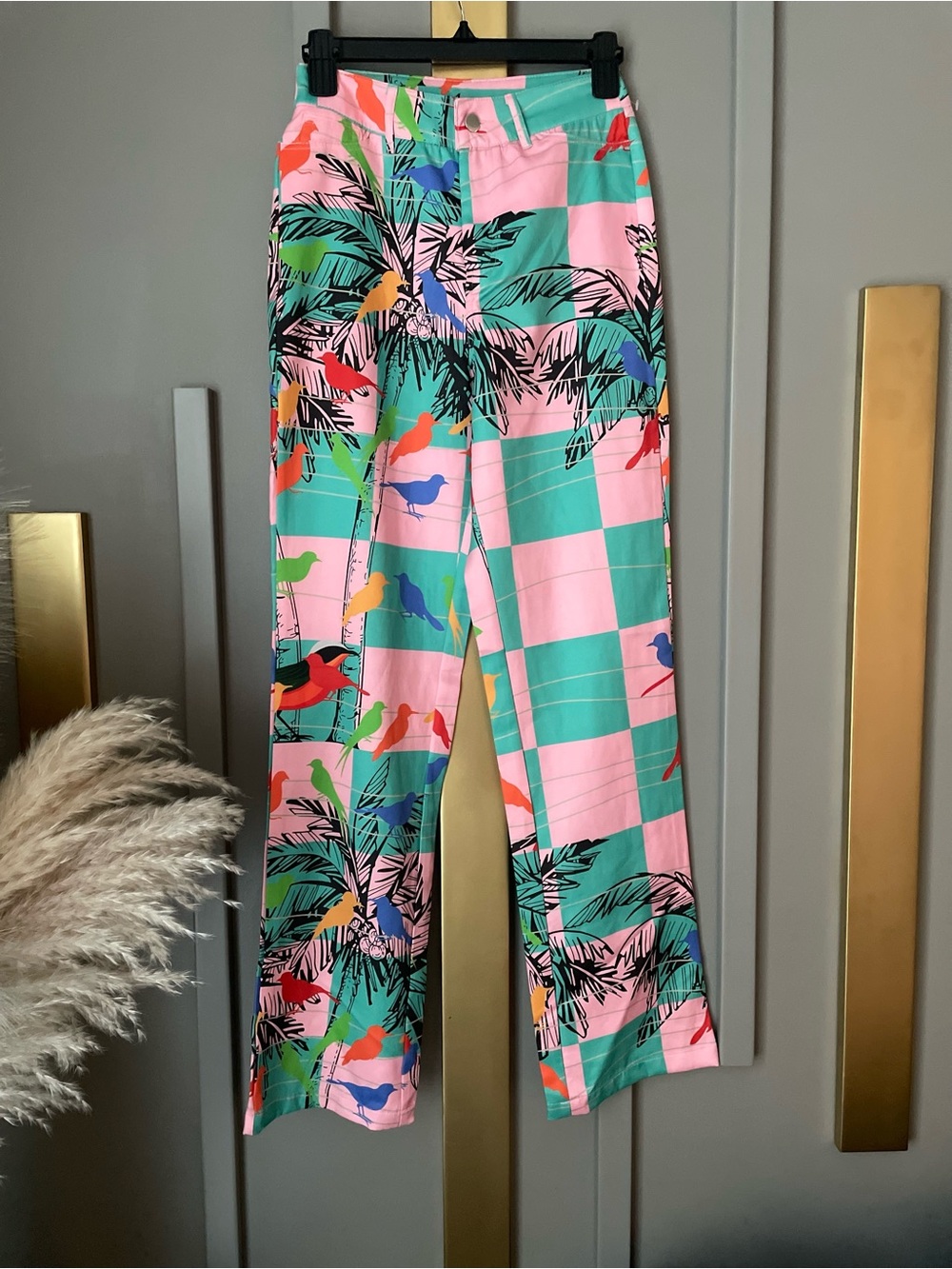Tropical Check High-Rise Pants in Pink & Teal